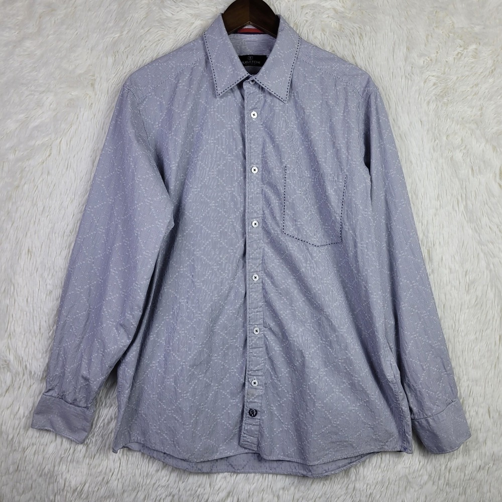 Bugatchi Uomo Large Geometric Embroidered Striped Long Sleeve Shirt Pinstripe